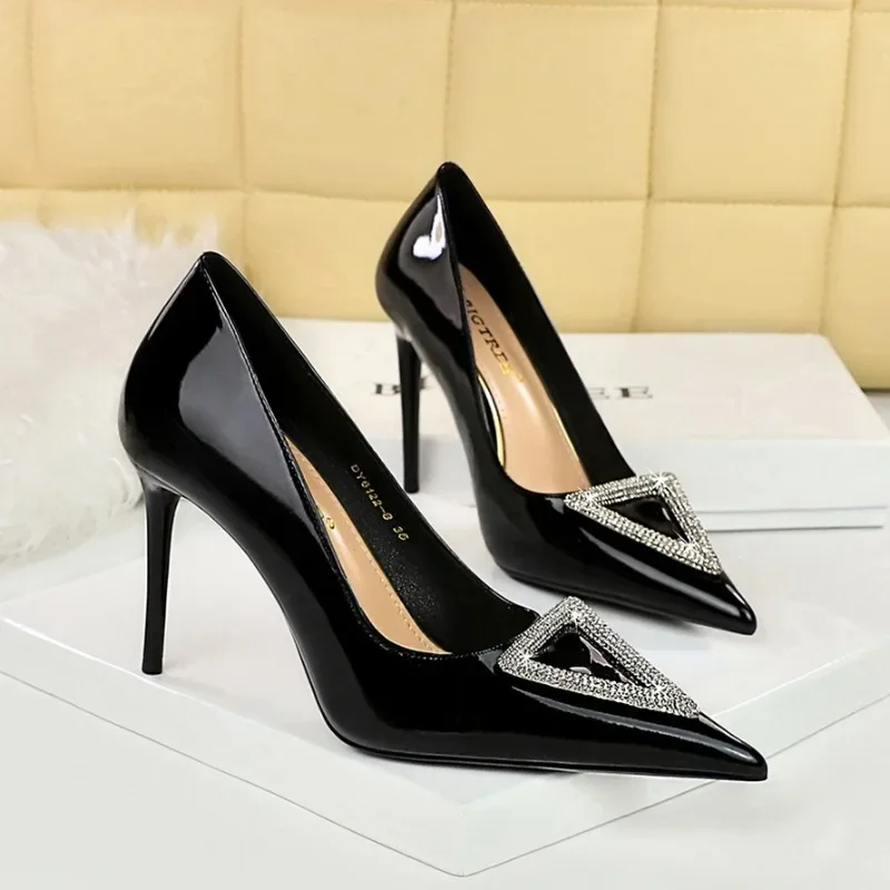 BIGTREE Shoes Triangle Metal Buckle Women Pumps Rhinestone High Heels Women Shoes Patent Leather Ladies Heels Stilettos Size 43