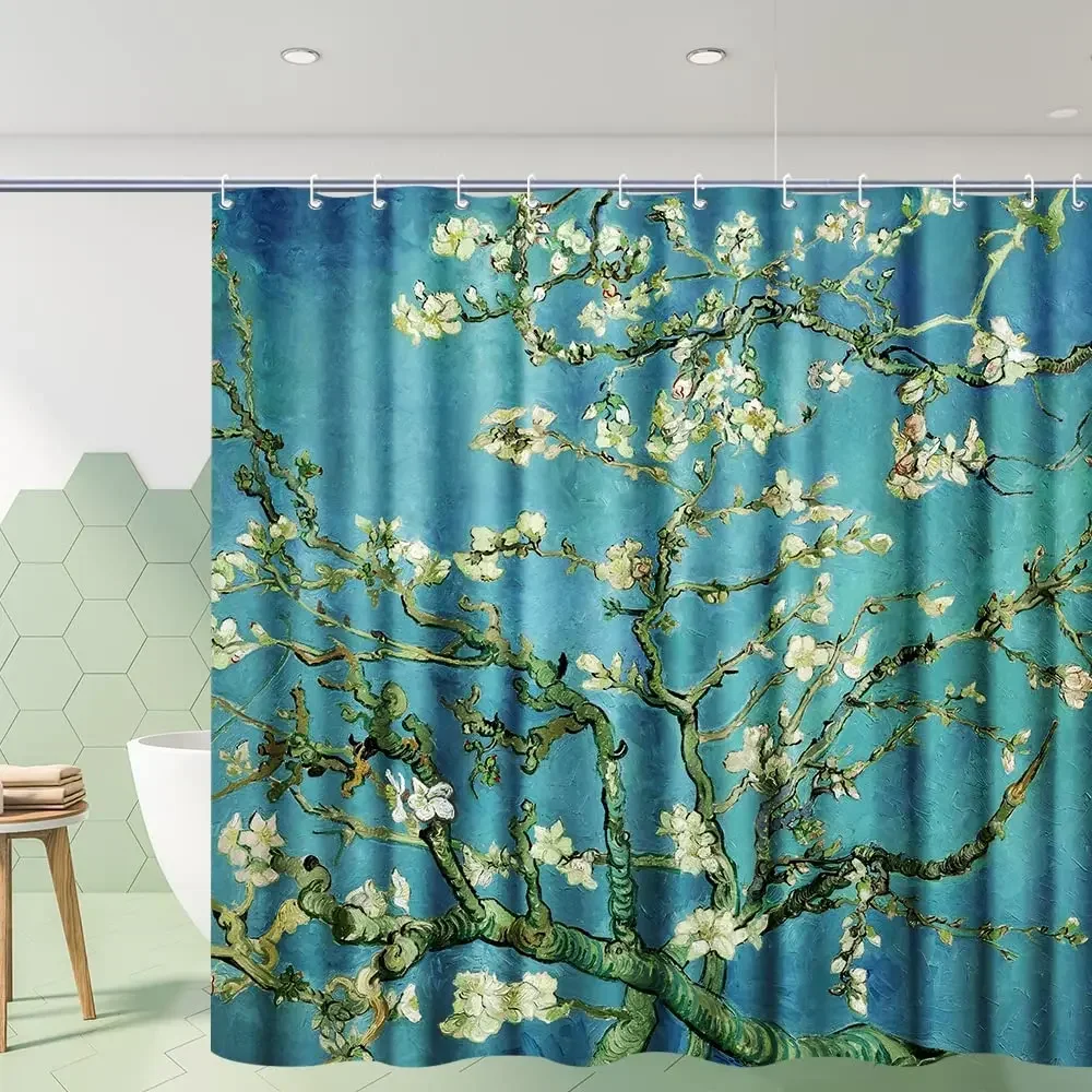 Van Gogh Shower Curtain for Bathroom with Hooks,Almond Blossom Flowers Decor Bathroom Curtains Set, Waterproof Polyester Fabric