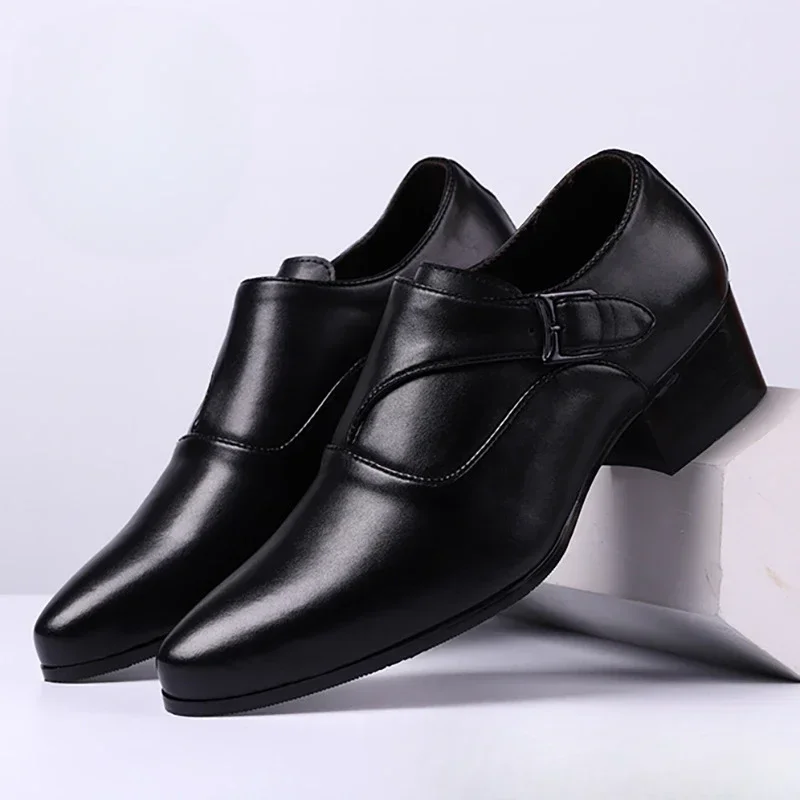 Echt Leer Herenschoenen Zakelijke Mannen Kleding Schoenen Ingelegd 6 Cm Slip Op Puntschoen Man Oxfords Klassieke formele Schoenen Voor Mannen