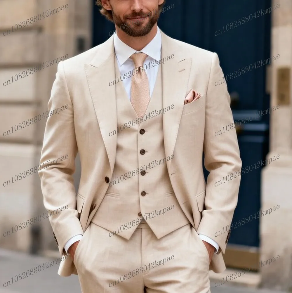 

New Beige Men Suits Formal Groom Groomsman Wedding Party Prom Business Male Tuxedos Customize 3 Piece Set Blazer Vest Pants