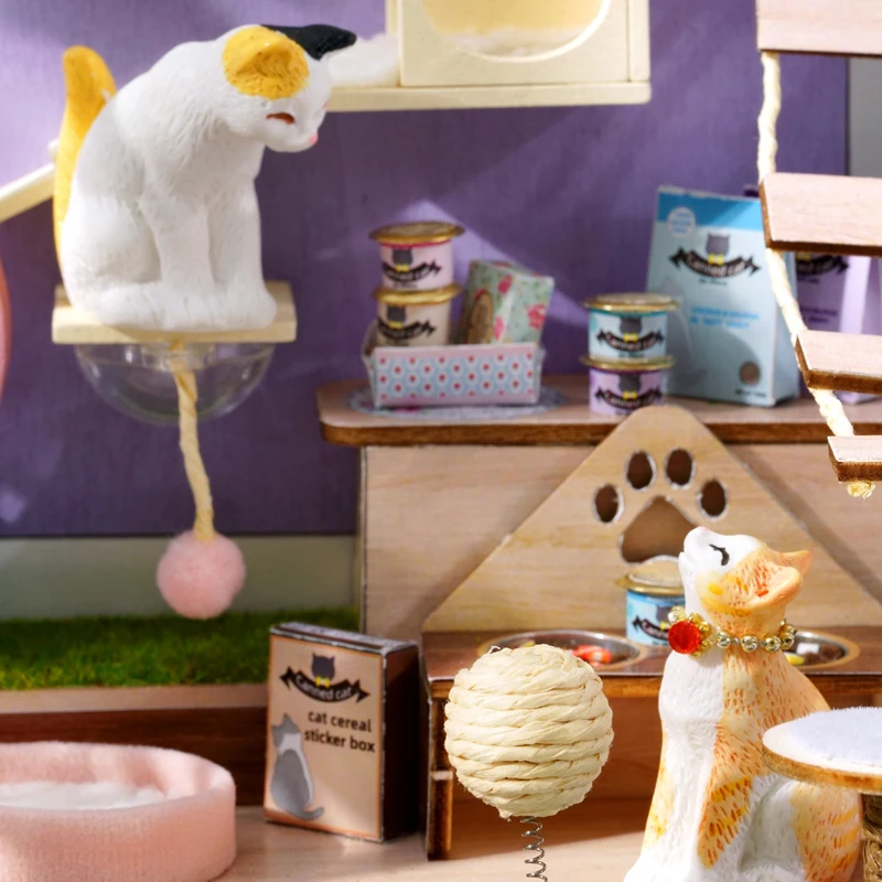 بيت الدمية الخشبي المصغر ثلاثي الأبعاد مجموعة ألغاز بناء أطقم منمذجة متجر القطط غرفة صغيرة لعب المنزل مع الأثاث هدايا عيد الميلاد #4
