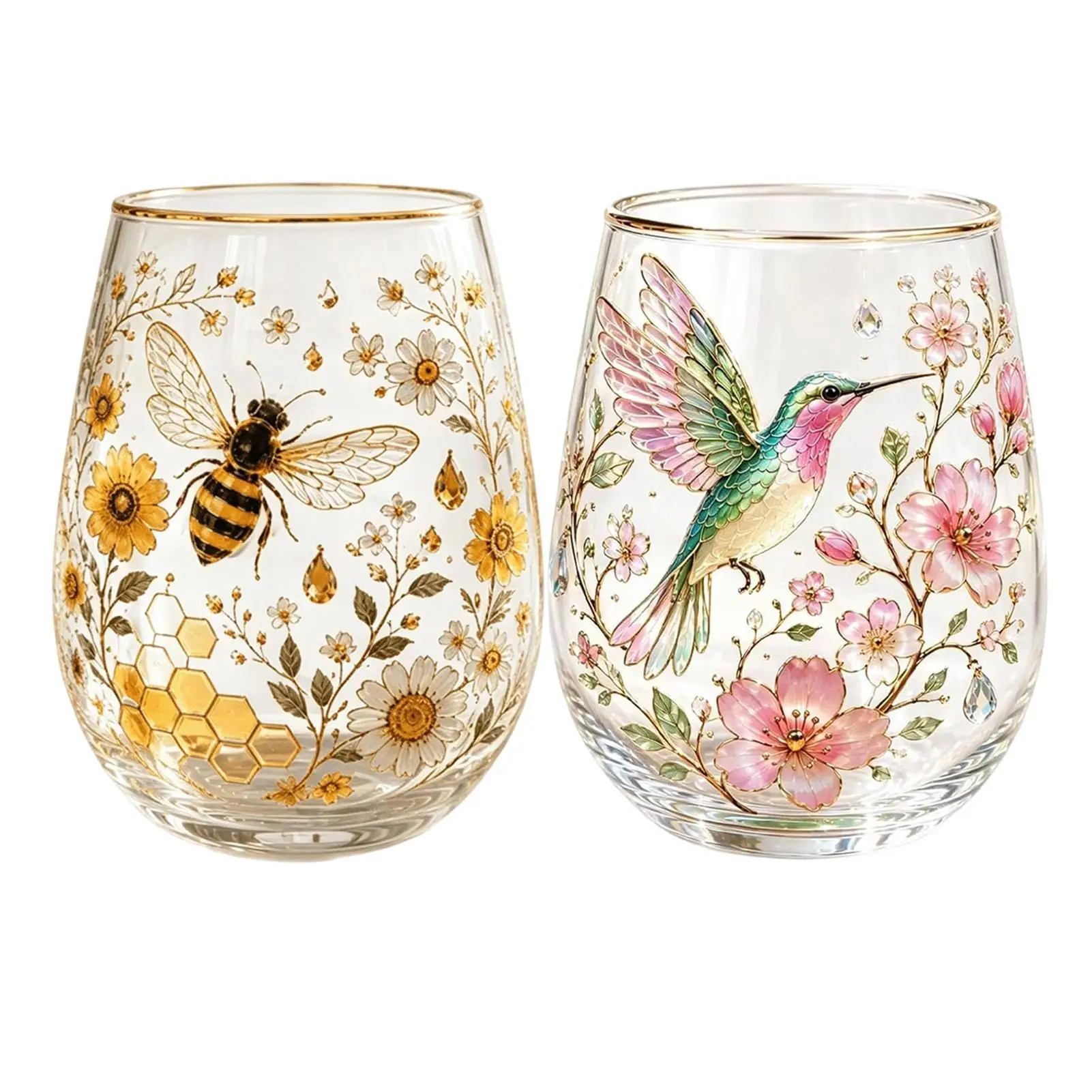 Beer Hummingbird Glass Tea Cup Floral Pattern Coffee Mug Garden Glass Teacup For Cafe Home Beer Birthday Party Wedding Whiskey