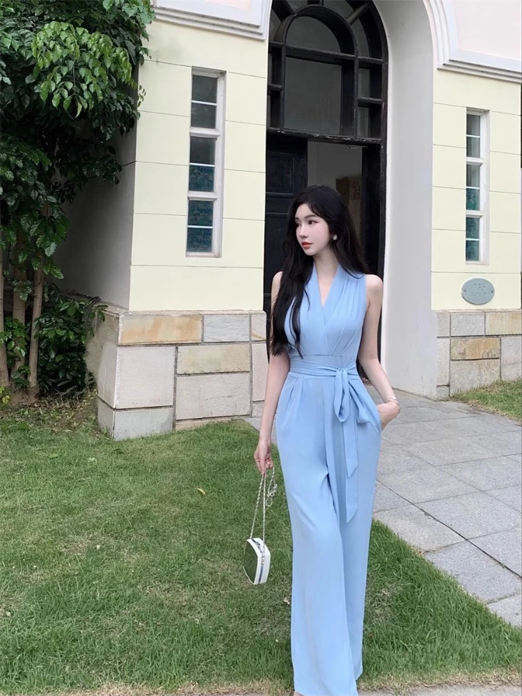 Ezgaga Jumpsuit Women Vintage V Neck Summer Fashion Sleeveless Off Shoulder Wide Leg Rompers Bandage Office Lady Jumpsuits