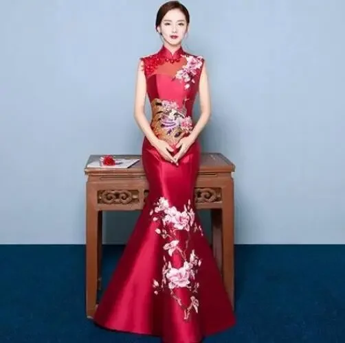 

Mermaid Tail Asian style Short Sleeve Fashion Red Embroidery Bride Wedding Qipao Long Cheongsam Chinese Traditional Dress Retro