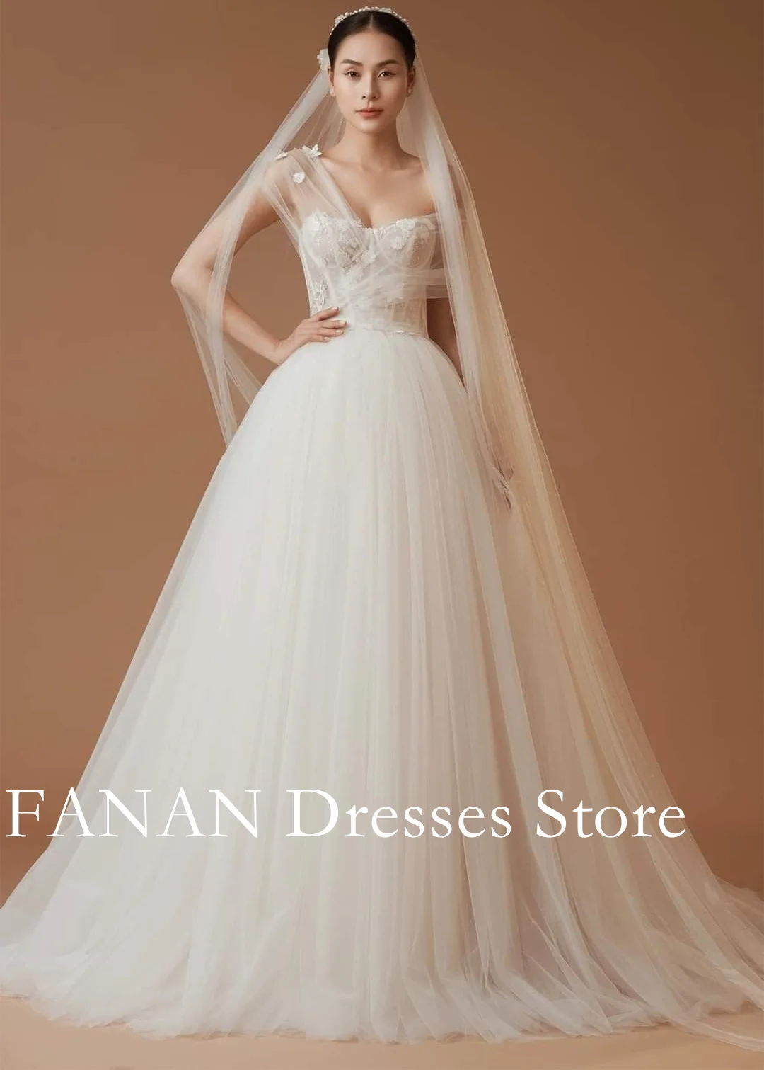 

FANAN Korea Sweetheart Short Sleeves Tulle Lace Elegant A-Line Wedding Dresses 웨딩드레스 Customized Lace-Up Bride Gowns Plus Size