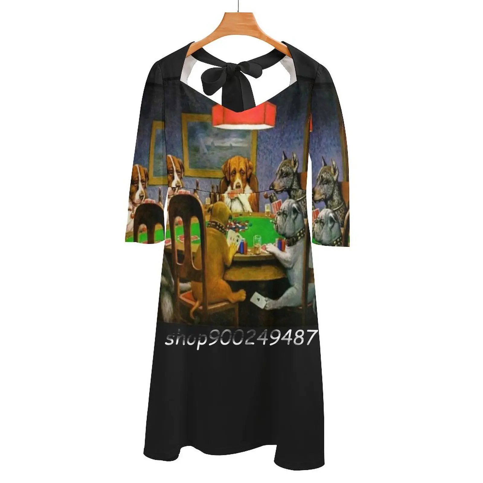 Dogs Playing Poker. A Friend In Need. Cassius Marcellus Flare Dress Square Neck Dress Elegant Female Fashion Printed Dress Dogs