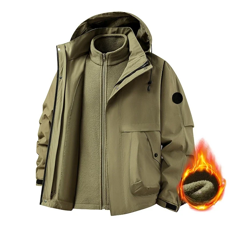 Autumn Winter Men's New Three in One Outdoor Jacket for Couples Warm Hooded Waterproof Two-piece Set Windbreaker Hiking Jacket
