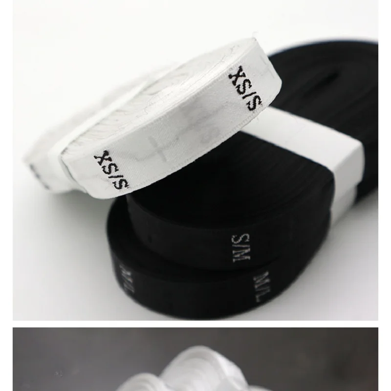 500pc roll 12x35mm Satin Woven size tags double mark size XS/S S/M M/L L/XL white black siziing tags