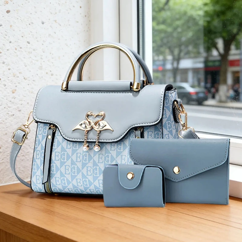 Elegant Women's Crossbody Shoulder Bag Set, Geometric Pattern PU Material, Adjustable Strap, Multiple Colors