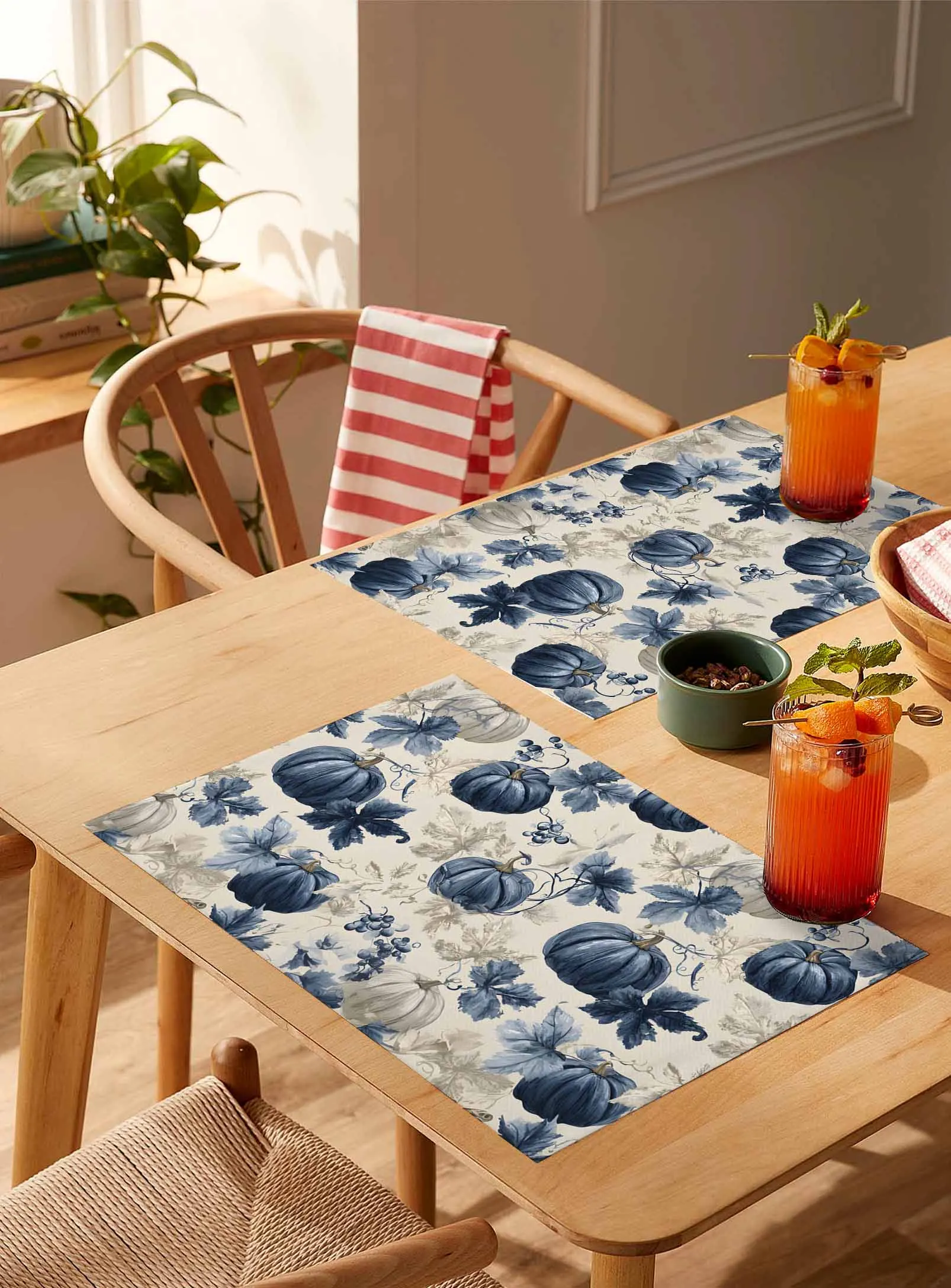 

4/6 Pcs Vintage Blue Pumpkin Maple Leaf Placemat Wedding Party Dining Decor Linen Table Mat Kitchen Accessories