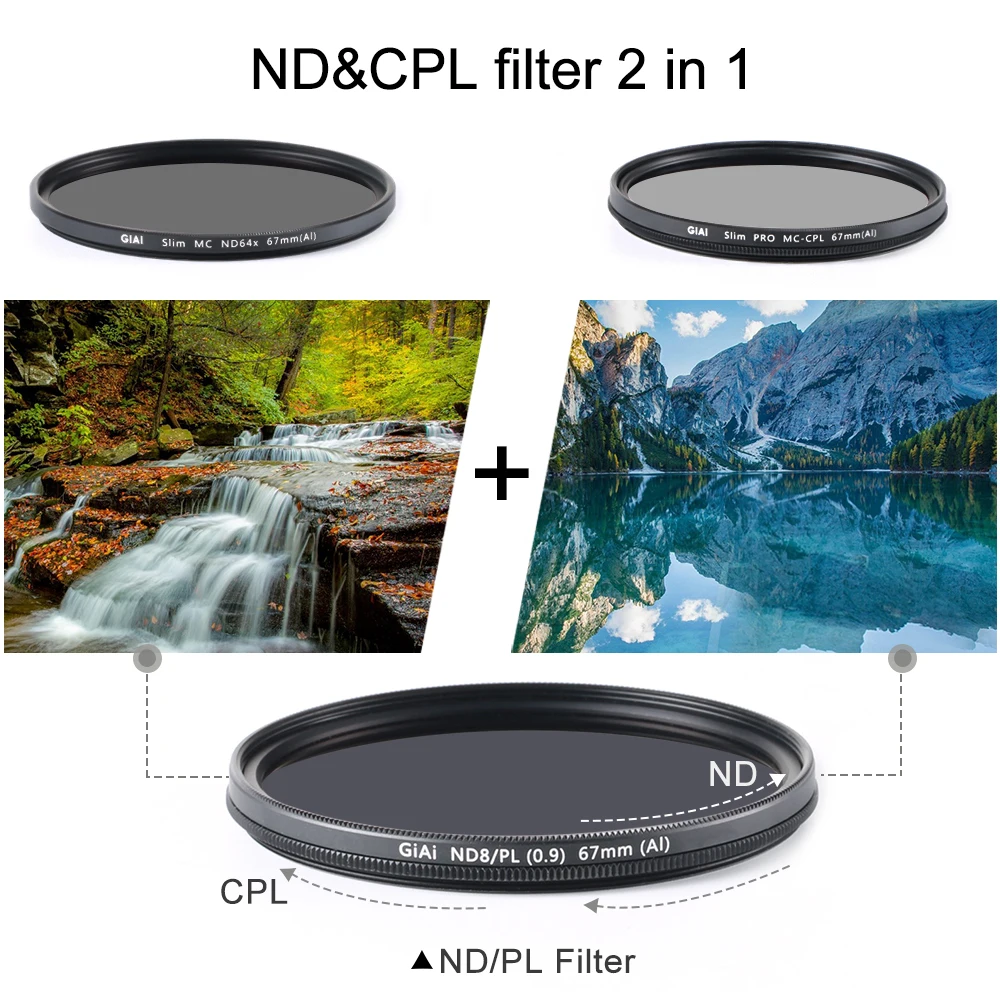 GiAi 2 In 1 ND8 CPL Filter Polarizing Neutral Density Camera Lens 49 52 55 58 62 67 72 77 82 86 mm For Canon Nikon Sony