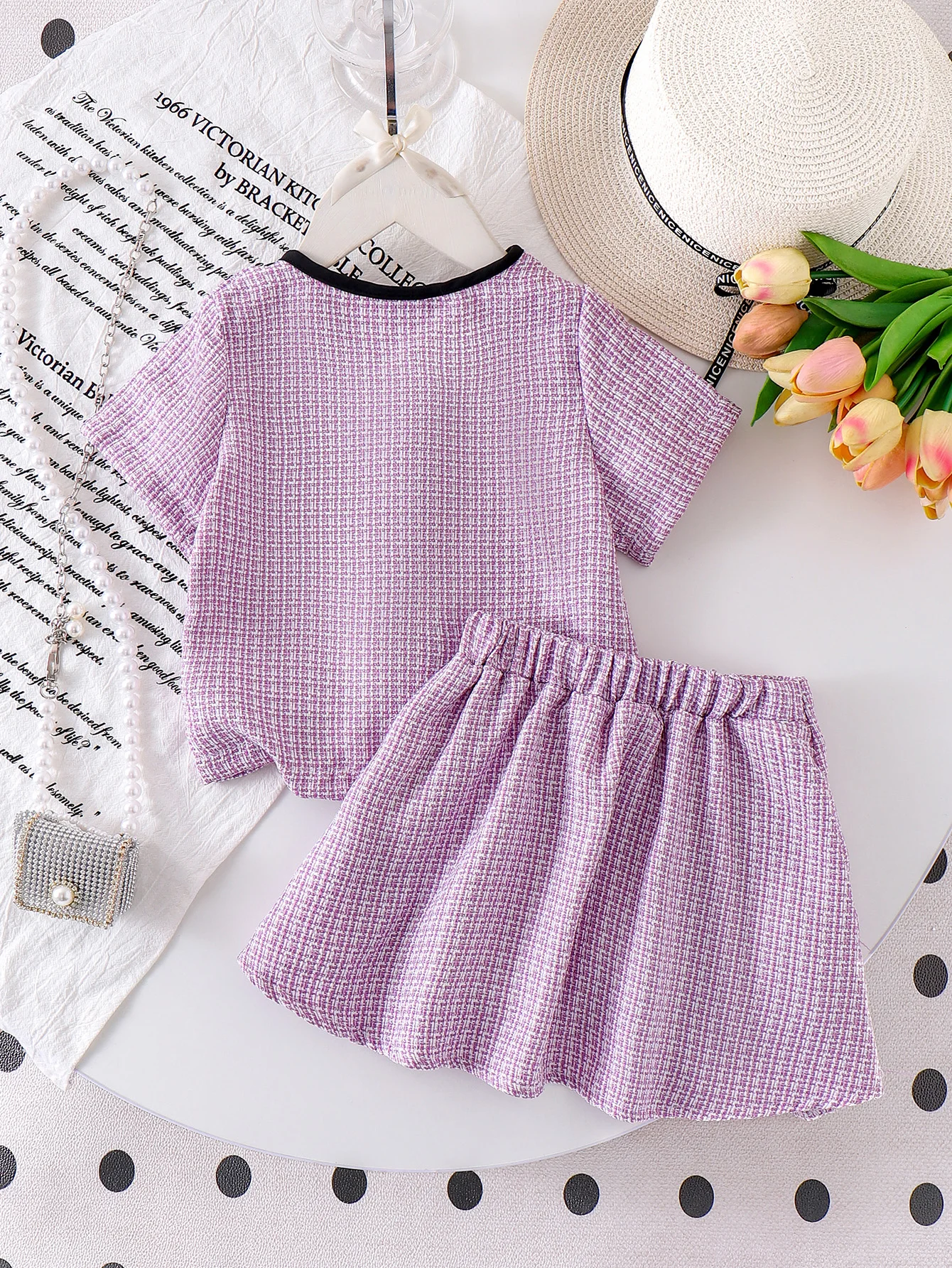 Summer Cross-Border New Girl Sweet and Comfortable 2-7 Years Old Purple Short-Sleeved Top + Short Skirt Set