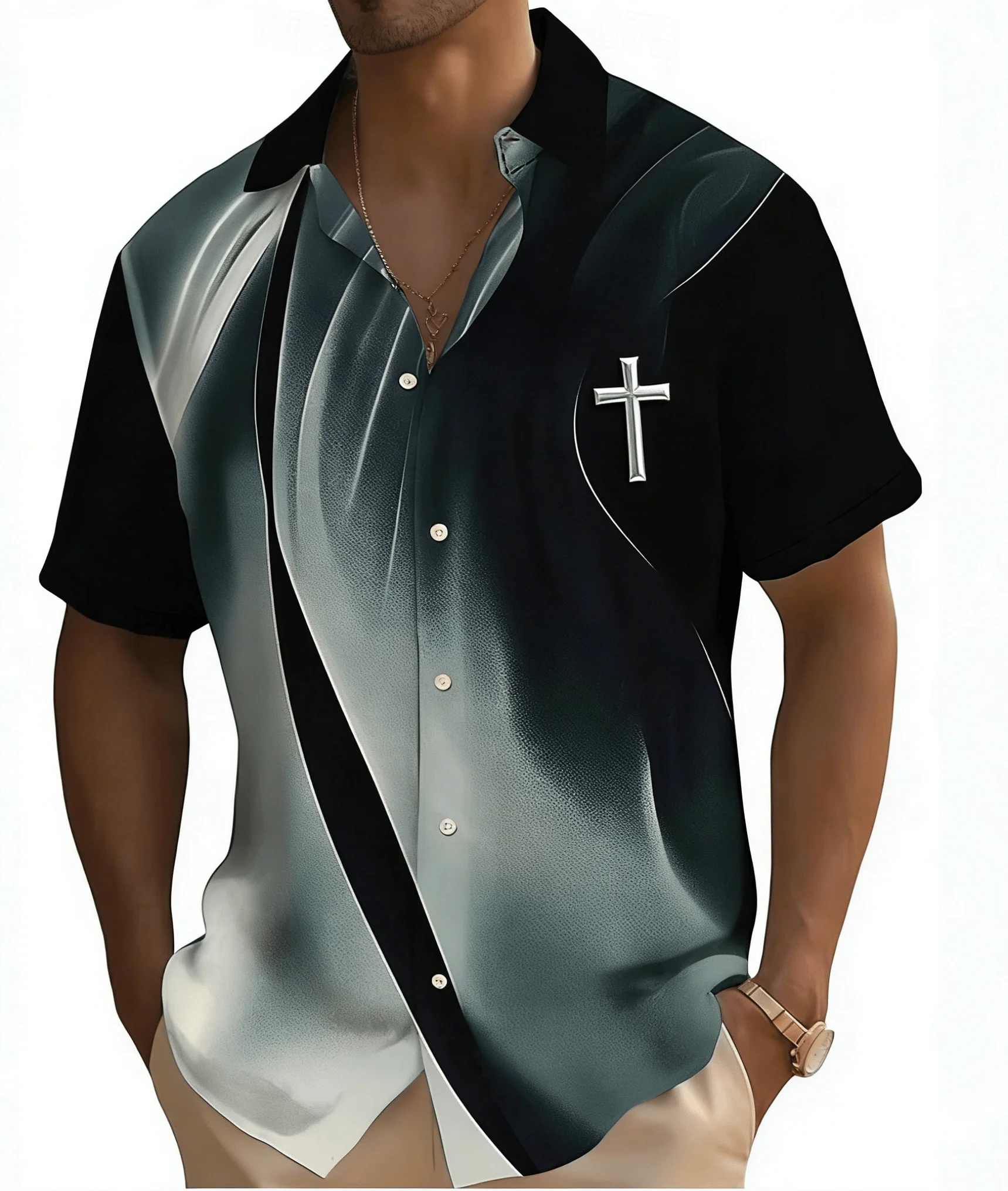 

Men's Gradient Cross Print Short Sleeve Shirt, Spring Summer Religious Casual Blouse, Loose Casual Top
