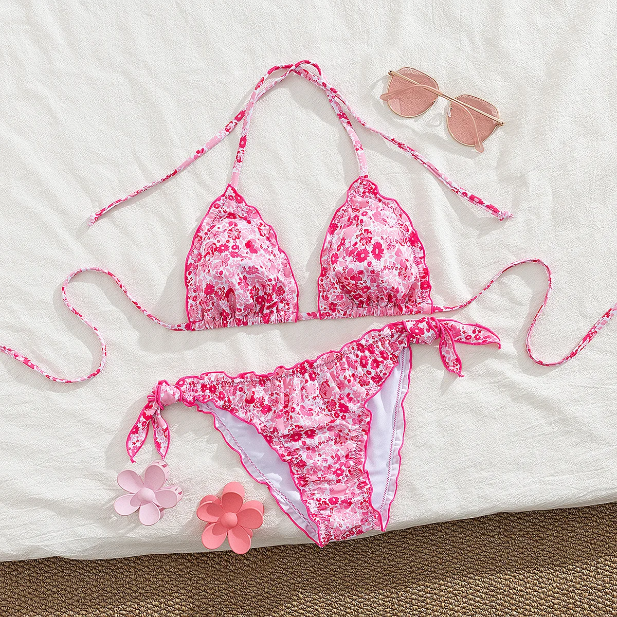 2026 New Women's Bikini Set Adjustable Tie Side Bandage Swimwear High-End Sexy Two-Piece Bathing Suit Summer Beach Push Up