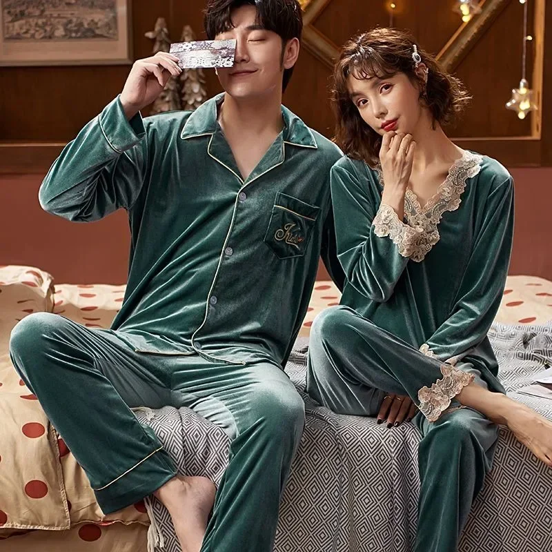 New Gold Velvet Couple Pajamas Women's Spring Autumn Winter Coral Fleece Long Sleeves Large Size Men's Loungewear Set