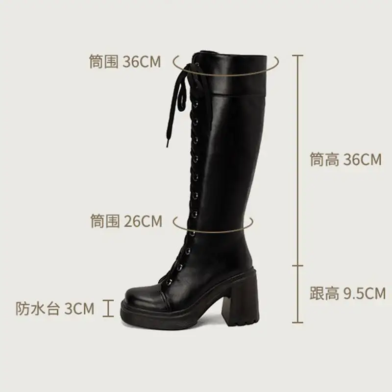 SIMLOVEYO Womens Knee High Boots 36cm Platform 3cm Chunky Heels 9.5cm Toe Lace-up Fur Boot S4189