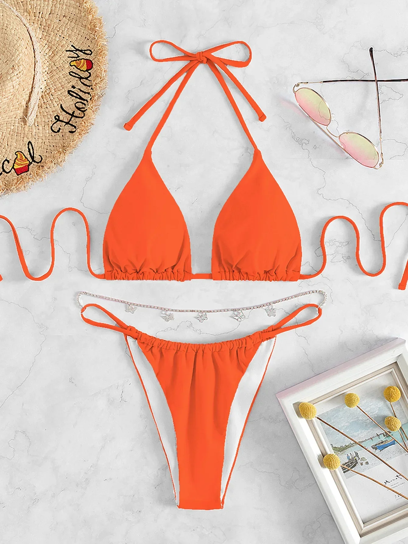 Sexy Micro Bikini Schmetterling Metall Kette Bikini Set Frauen Solide Orange Push-Up Tanga Badeanzug Strand Badeanzug Bademode 2025