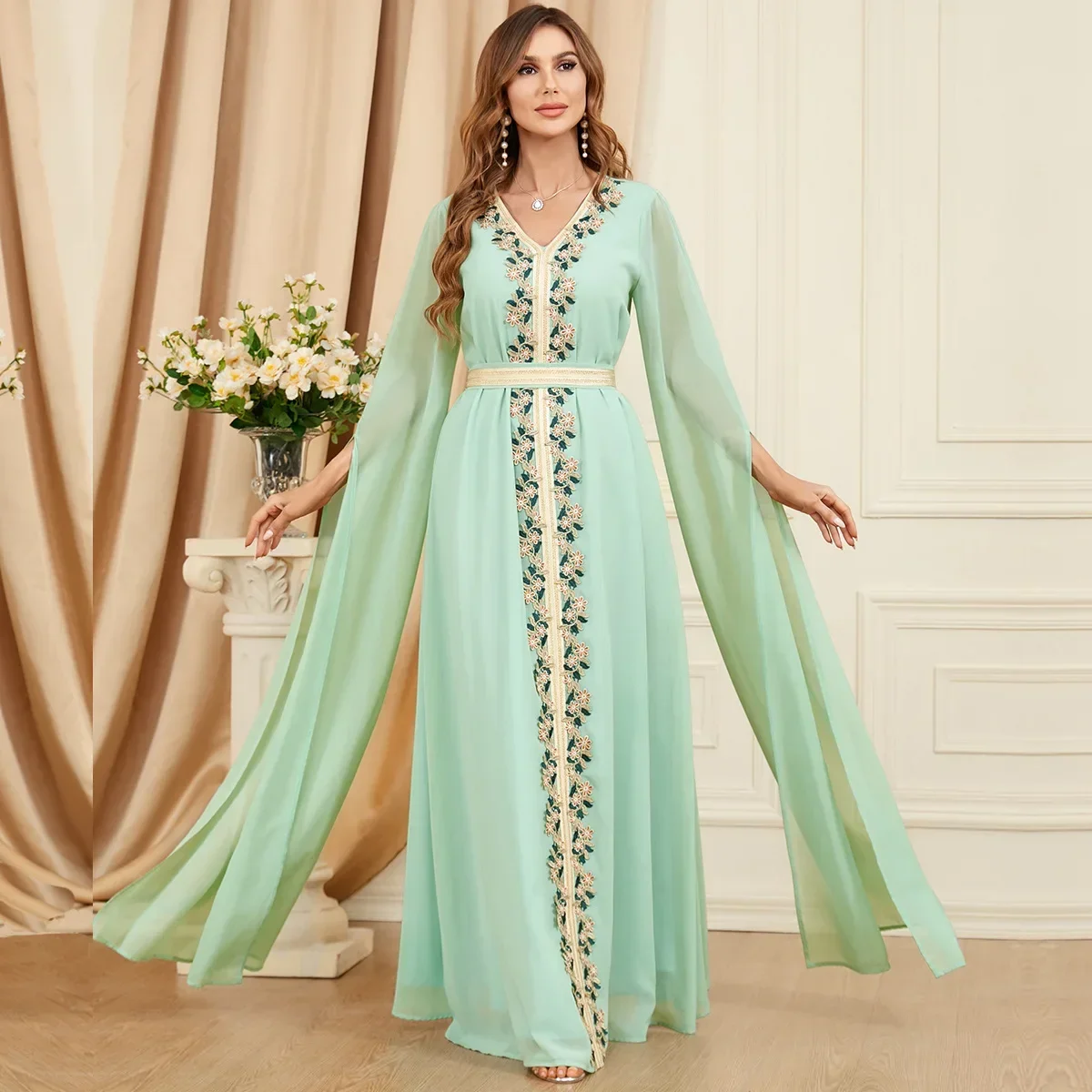 Retalhos femininos Abaya manga super longa, vestido casual muçulmano de Dubai, vestido de festa solto, vestido caftan marroquino, na moda