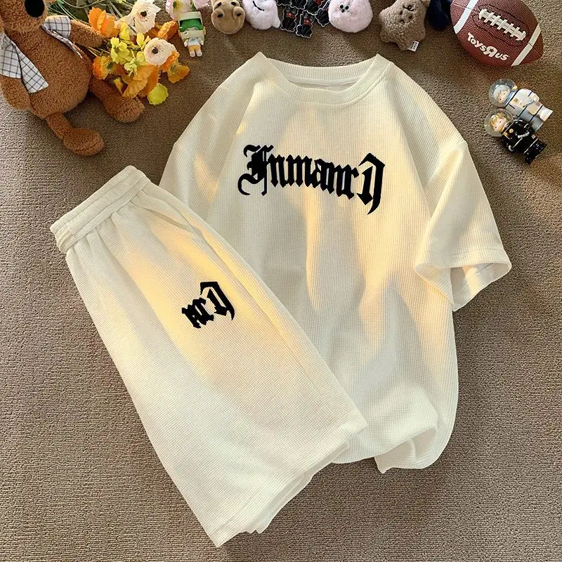 Waffle Five-Piece Pants Men's New Style Loose-Fitting Versatile Casual Shorts for Males Summer Lightweight Sports Set