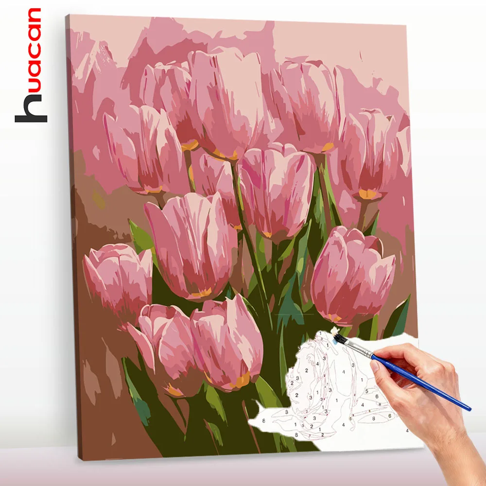 Huacan Ölgemälde nach Zahlen auf Leinwand, Tulpenblumen-Malset für Erwachsene, Geschenk für Handarbeit, Heimdekoration, Kunstwerk