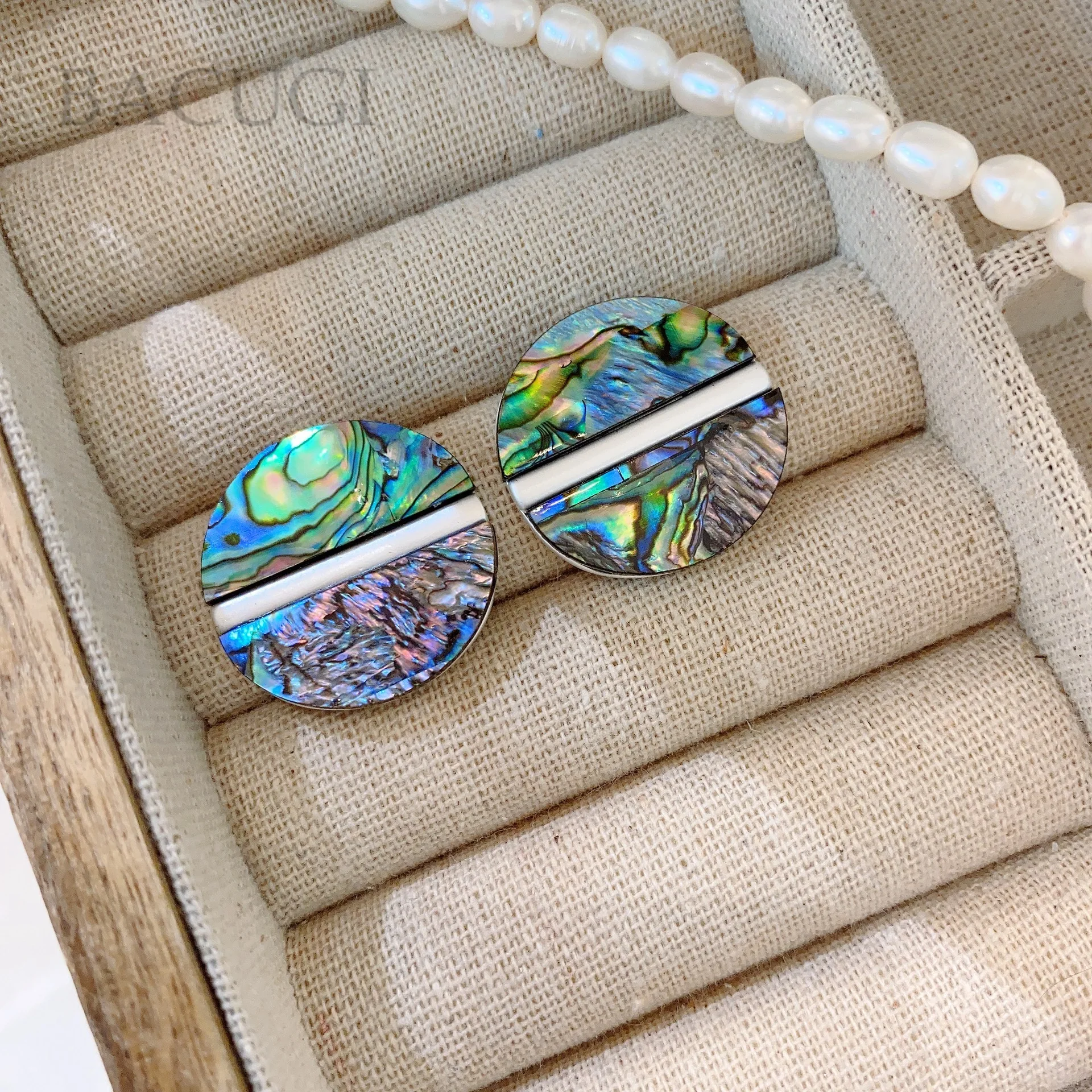 

925 Sliver Vintage Round Natural Abalone Shell Earrings for Women Creative Gold Plated Geometric Statement Stud Earrings