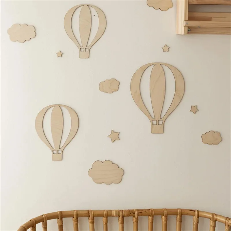 INS Nordic Wooden Wall Stickers Hot Air Balloon Cloud Star Wood Sticker Kids Room Decoration Ornaments Home Crafts Nursery Decor