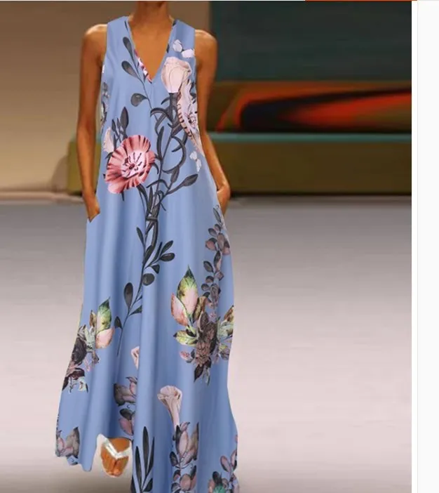 Letnia sukienka midi z głębokim dekoltem w serek, kwiatowym wzorem, rozkloszowana, z kapturem, długa spódnica, styl uliczny, poliester, moda damska...