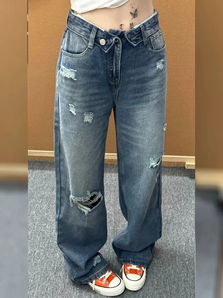 High Waist Distressed Denim Jeans Women's Fall High Street Style Trendy Girls Design Sense Cuffed Ankle-Length Pants