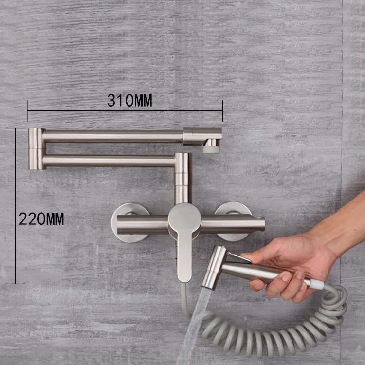 Imagem -02 - Torneira de Cozinha de Latão Dobrável Spray de Bidé Escovado Montagem na Parede Torneira Misturadora Quente e Fria Guindaste do Banheiro