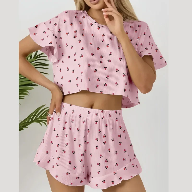 Summer Sexy Lotus Leaf Edge Short Sleeve Crop Tops and Shorts 2 Pieces Sleepwear Flower printing Thin Pajamas Set Women Homewear