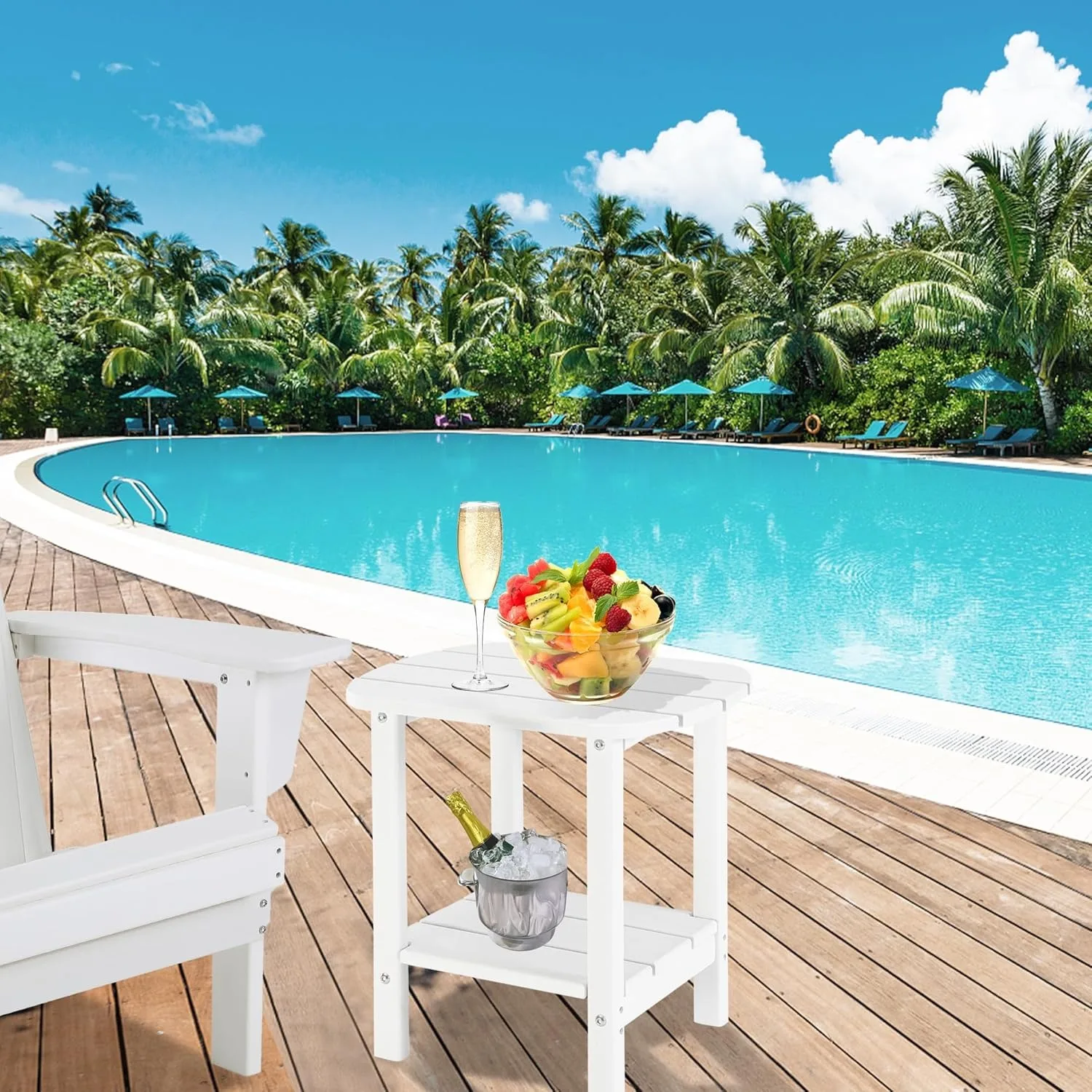 

Double White Adirondack Side Table, Extra-Length Outdoor Patio Table for Two, Weather-Resistant