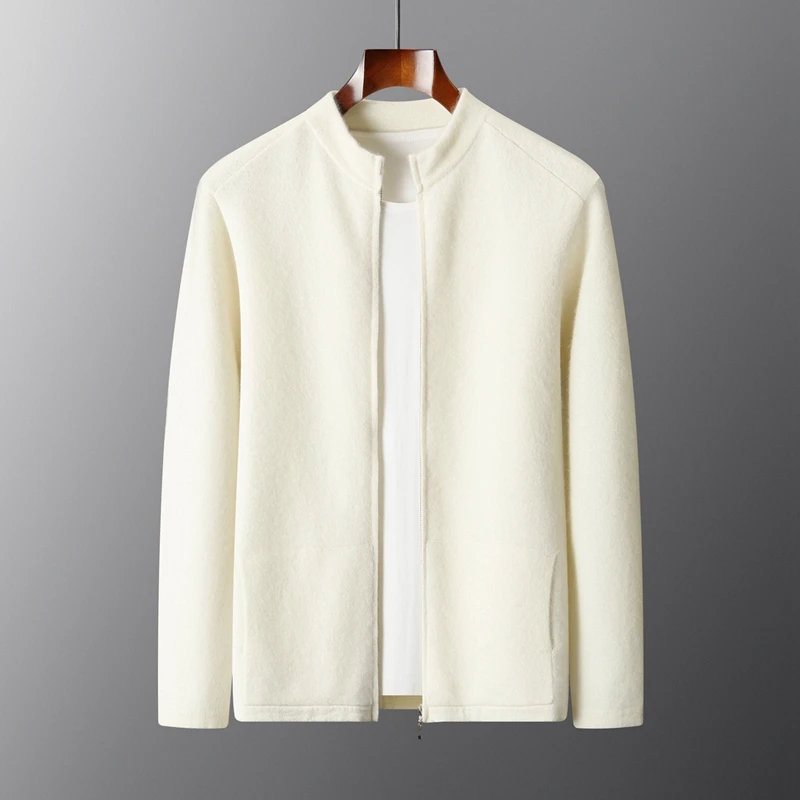 가을 겨울 신상 100% 순수 울 코트 남성 스탠드 칼라 두꺼운 지퍼 레저 캐시미어 니트 가디건