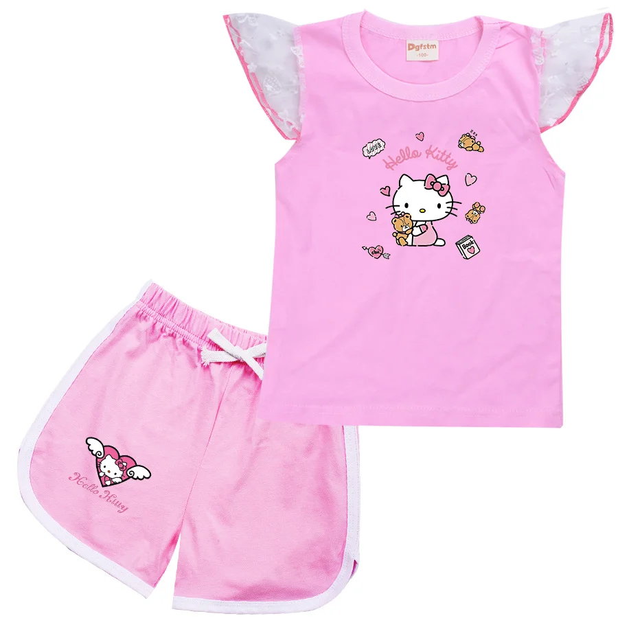 Fashion Summer Girls Baby Clothing Hello Kitty T shirt Set Short Sleeve Children Casual Cartoon Print Tops+Shorts Set