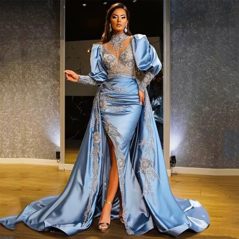 Magnífico manga longa beading vestidos de baile com decote em v tribunal trem alta fenda até o chão formal banquete vestidos de noite feitos à mão