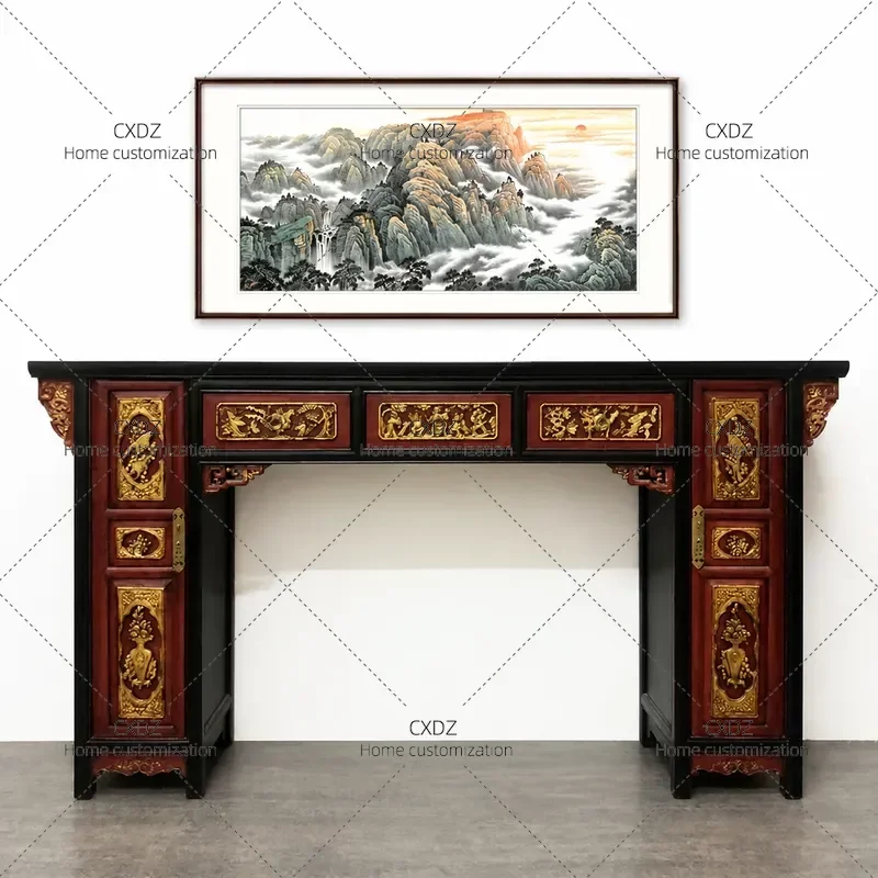 Ming Qing Style Retro Carved Solid Wood Console Table Chinese Traditional Striped Case Simple Decorative Entryway Table