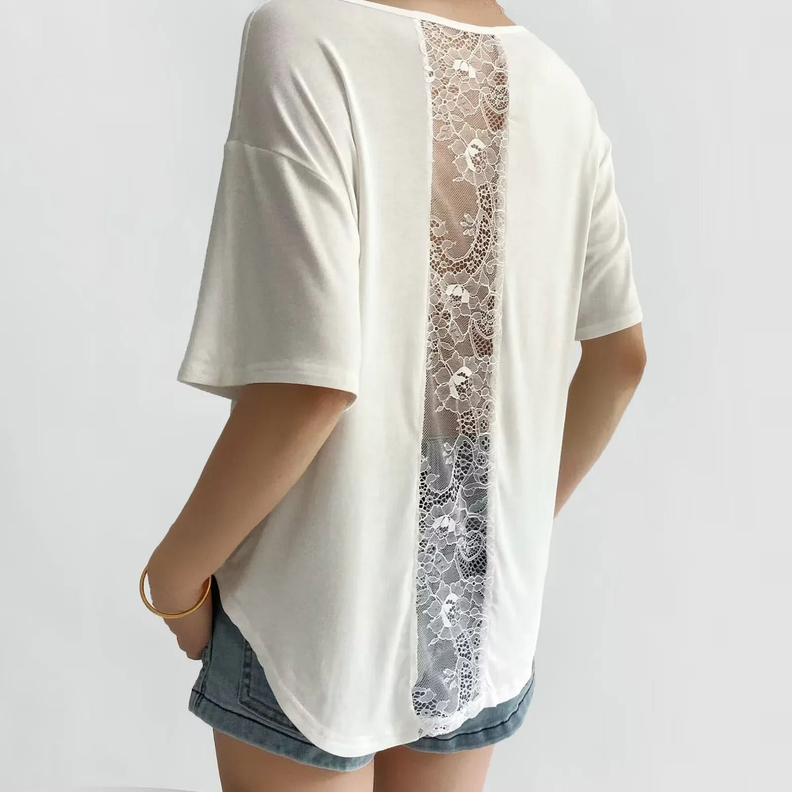 

2025 New Arrival Women's Loose - Fit Short - Sleeve Top with Exquisite Lace - Back Design Stylish and Charming for Summer Wear
