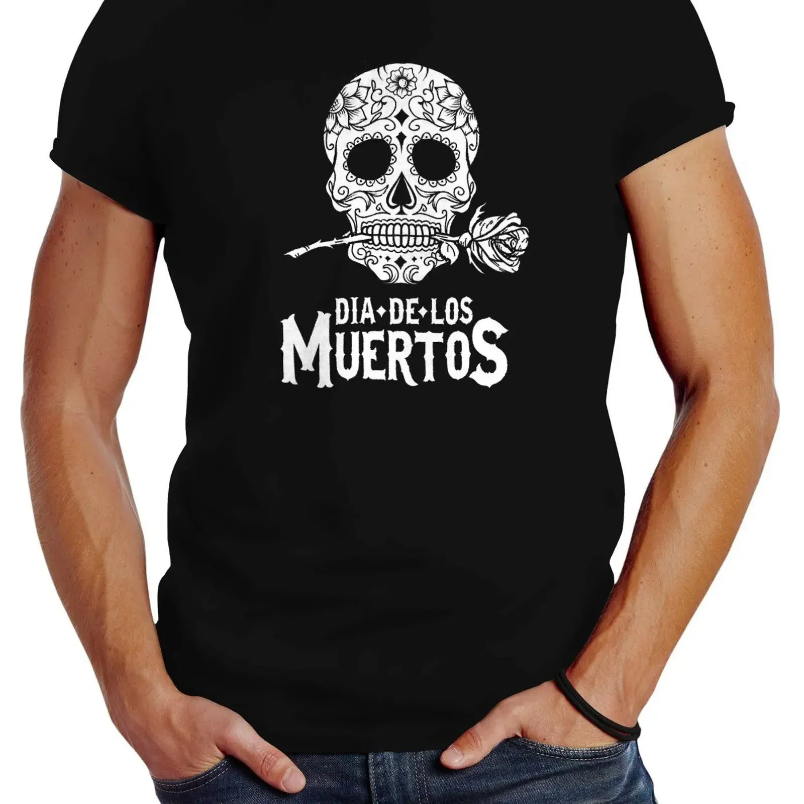 Neverless Print T Shirt Herren Sugar Skull Dia De Los Muertos Totenkopf mit Blumen vintage Washed Stylish streetwear Versatile