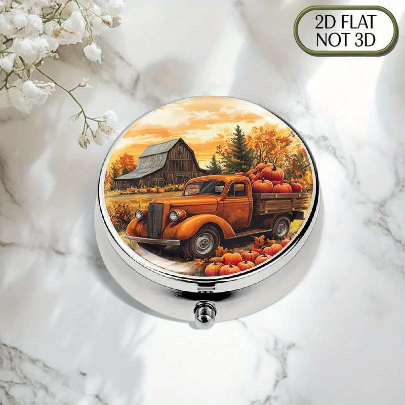 1pc flat portable round metal pill box, featuring a vivid illustration of an orange truck filled with pumpkins, apples, and gourds, used for daily medication storage, suitable for organizing vitamins, storing small accessories, and keeping things tidy