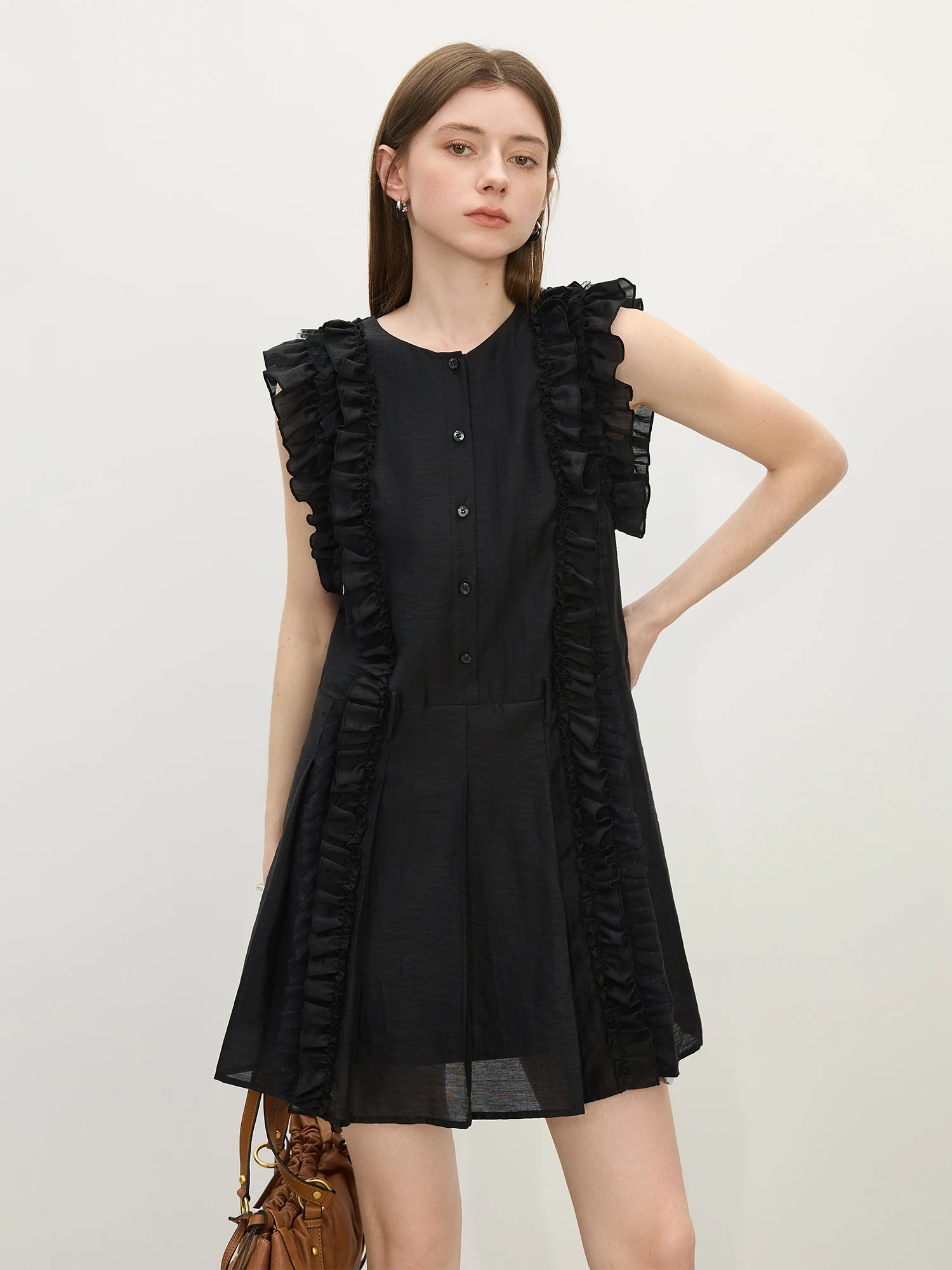 FSLE 2025 Abito estivo plissettato in lino da donna - Ricami intricati e romantici abiti casual con volant 25FS12503