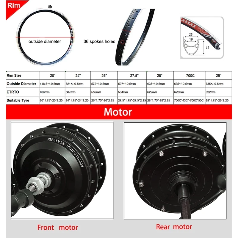 250W 500W 1500W 2000W Voor Achter Hub Motor Wiel Ebike Motor 20 24 26 27.5 28 29 700C Elektrische Fiets Onderdelen Met Velg Spoke