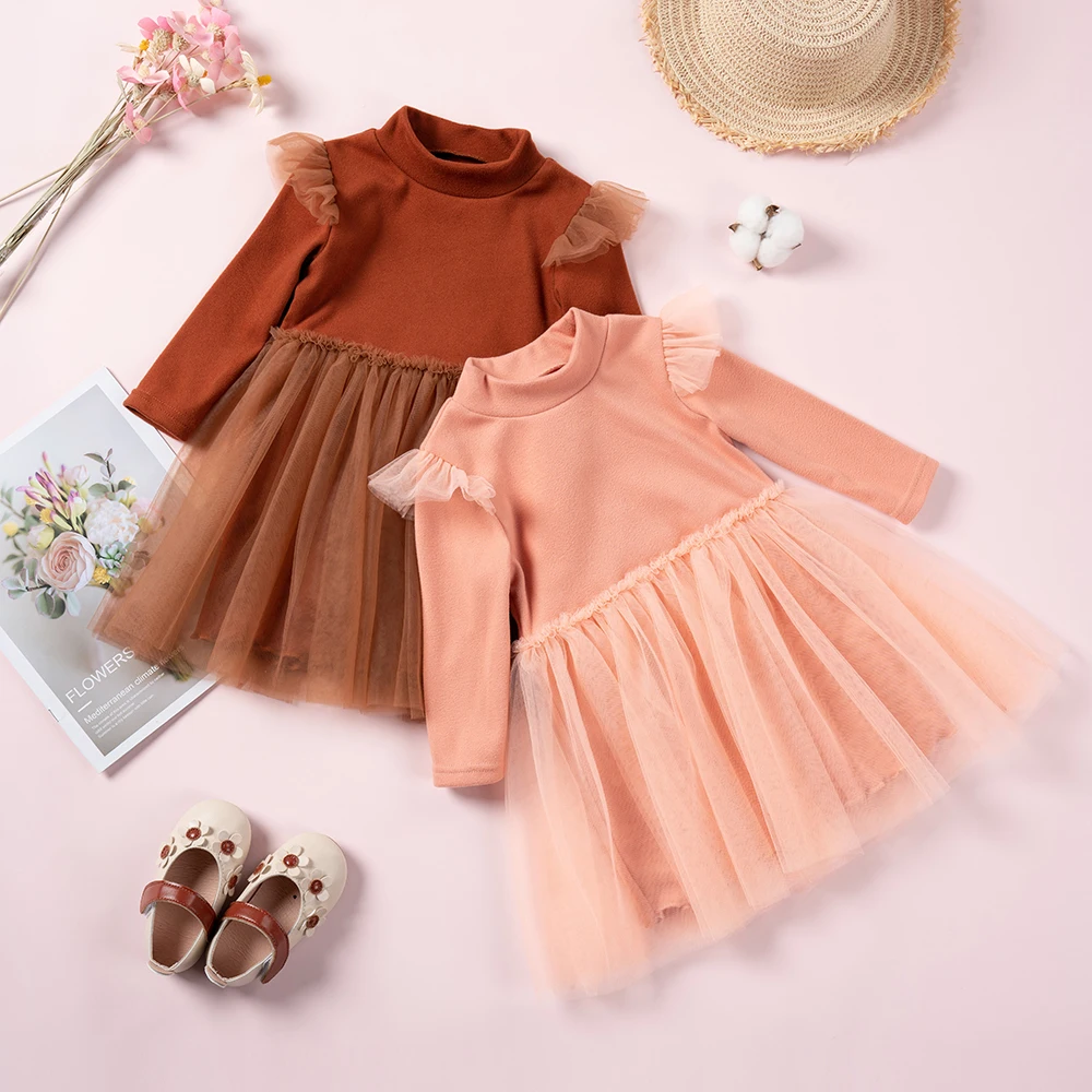 Spring New Girls Princess Dress Ruffle Long Sleeve Warm Mesh Dresses Sweet Princess Party Birthday Dresses Solid Girl Dresses