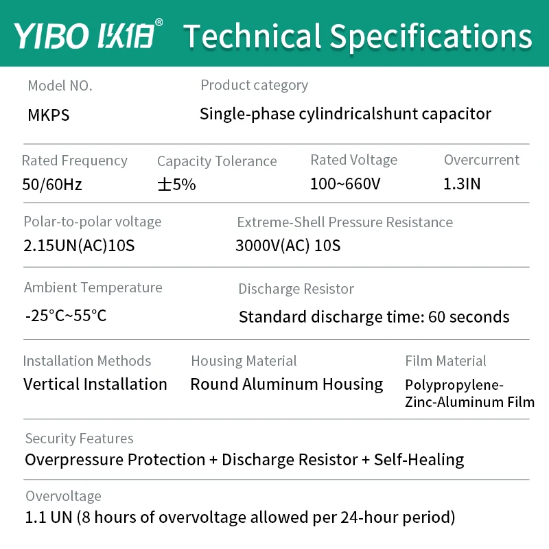 YIBO MKPS Single Phase Power Capacitor Self Healing Film Capacitor Low Voltage Cylindrical Reactive Power Compensation