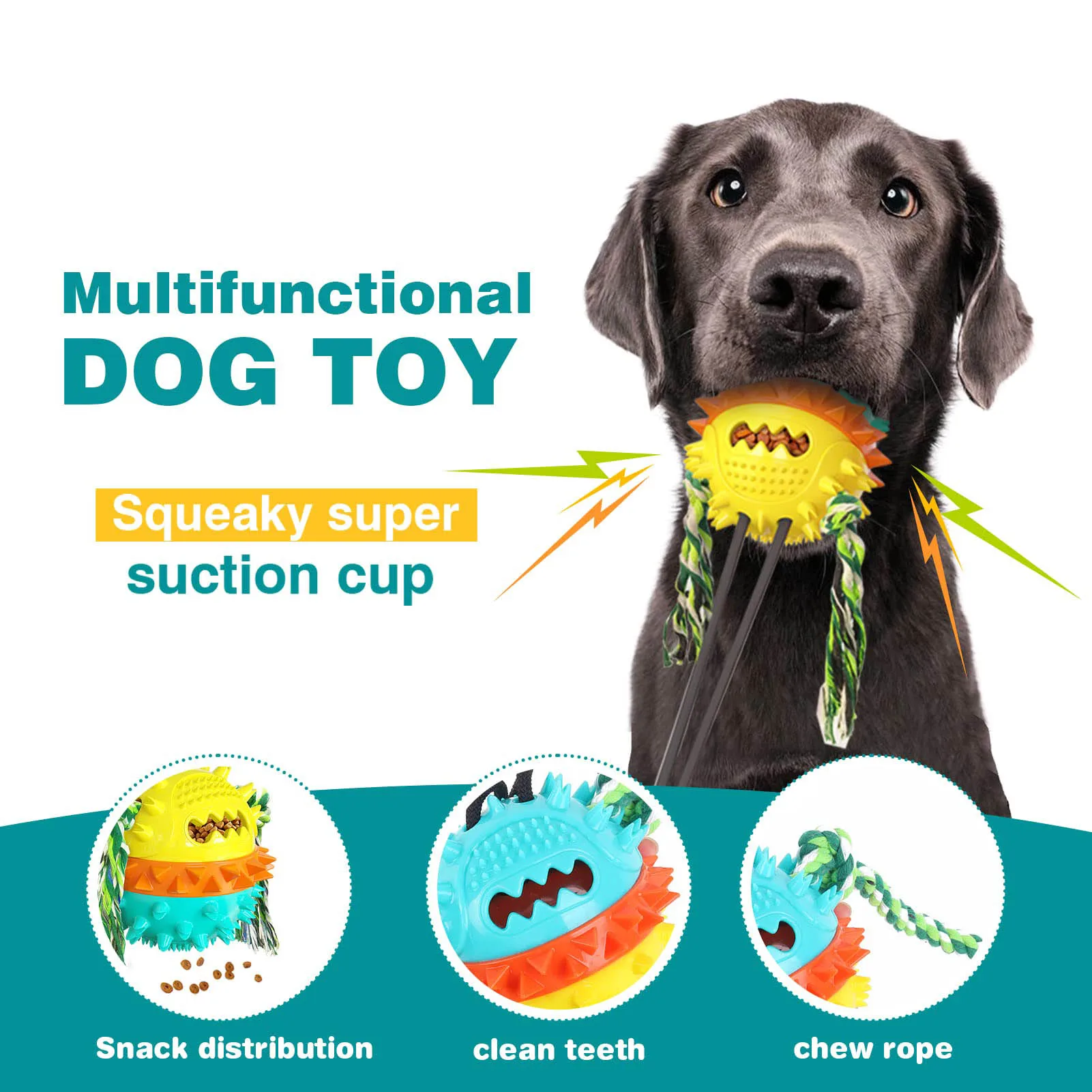 Dog Puzzle Toy for Chewers ,Tug of Rope Buster Self Play Food Dispensing Teething Squeaky Ball