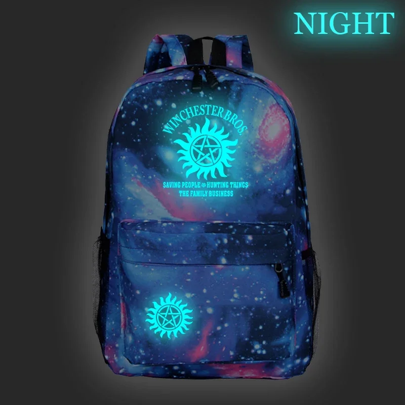 ใหม่ Supernatural Luminous กระเป๋าเป้สะพายหลังนักเรียนกระเป๋านักเรียนเยาวชนกระเป๋า TV Serie SPN รูปแบบกระเป๋าเป้สะพายหลังเด็ก Back to School ของขวัญ