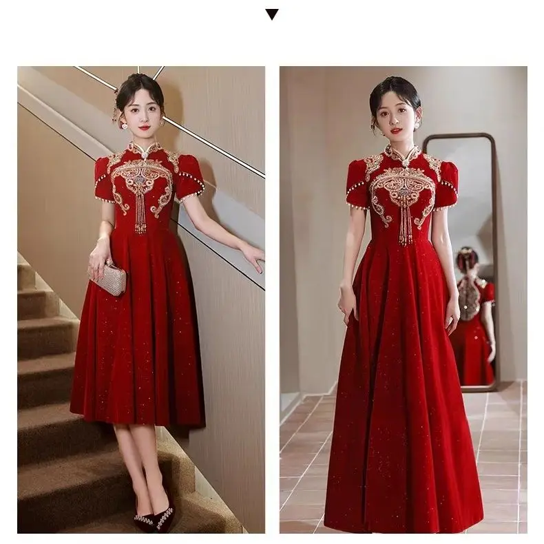 Yourqipao New Chinese Women Wedding Engagement Evening Dresses Cheongsam Bridal Toast Dress Red New Year Prom Party Dresses