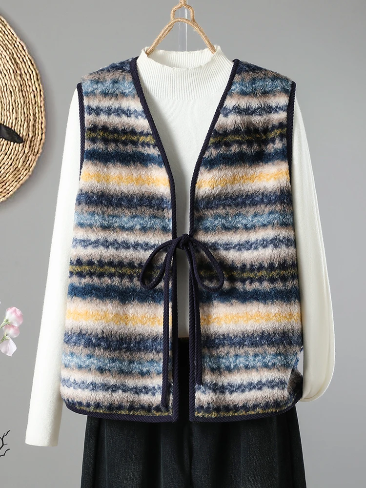 Retro Color Block Lamb Fur Vest Women's Layered Slimming Belted Sleeveless Open Cardigan Shoulder Top Autumn Winter Fashion