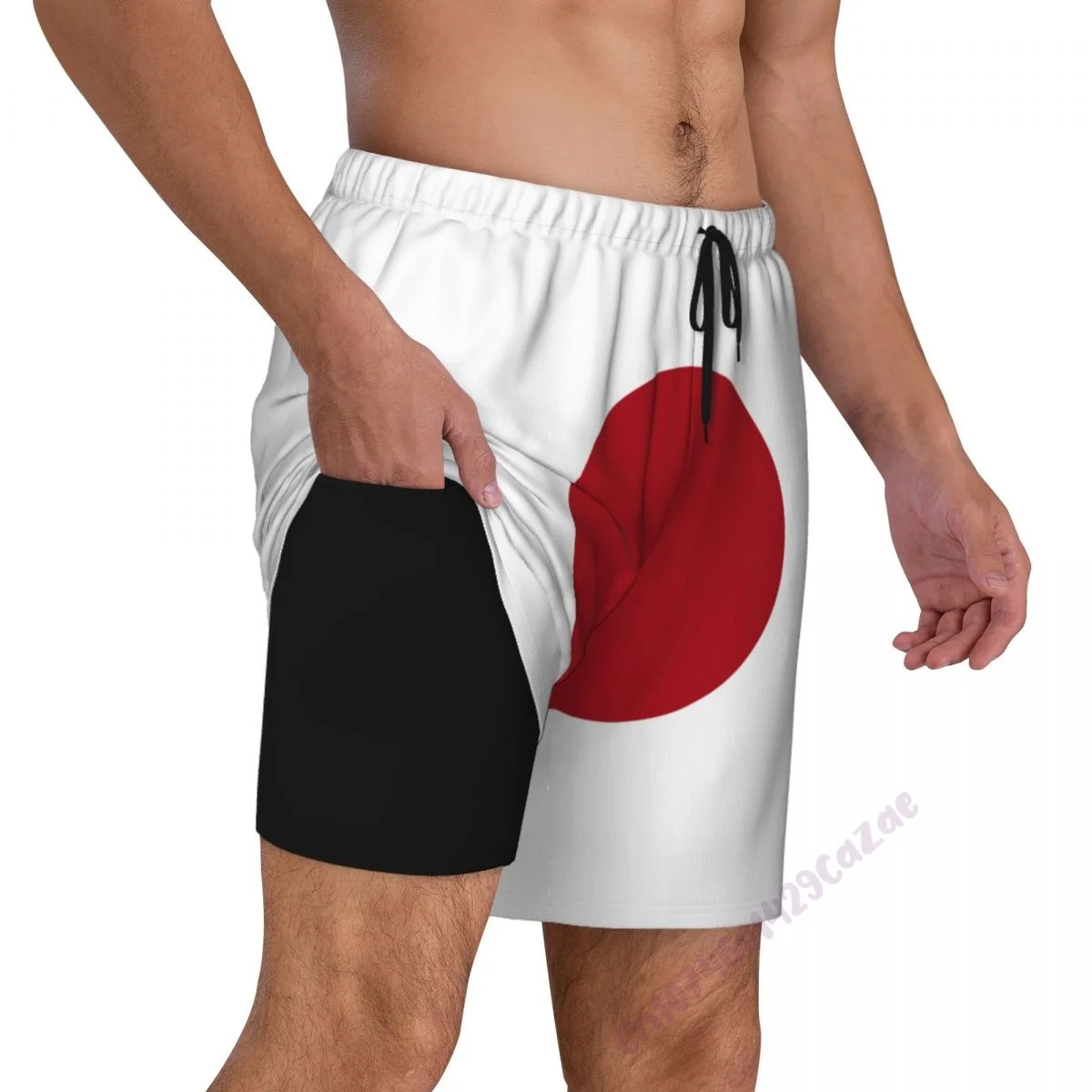 Japan Flag 3D Mens Swimming Trunks With Compression Liner 2 in 1 Quick-Dry Summer Swim Shorts With Pockets