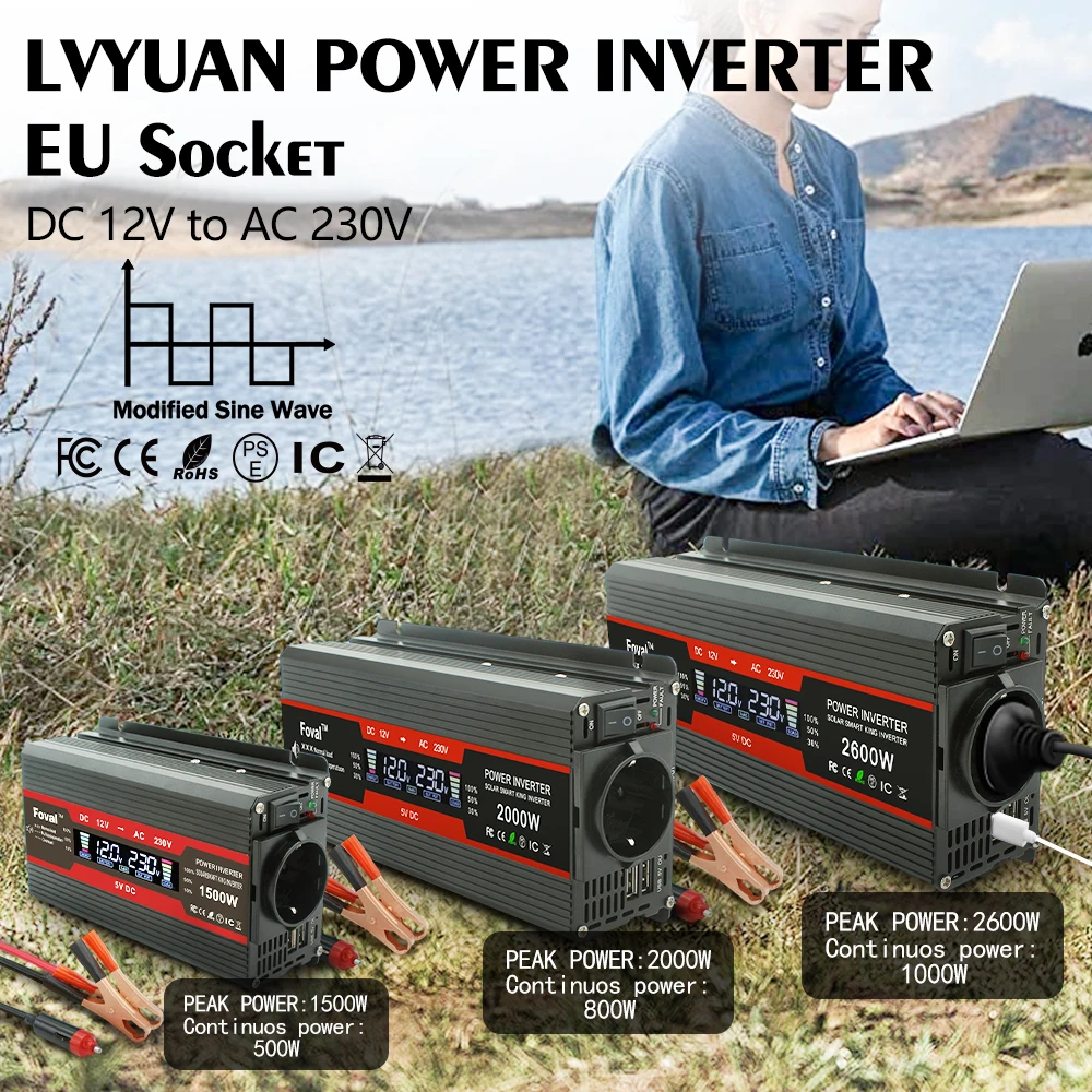 Inverter 12V 220V Inversor De Corriente Para Auto LCD Display EU Universal Socket Power Converter