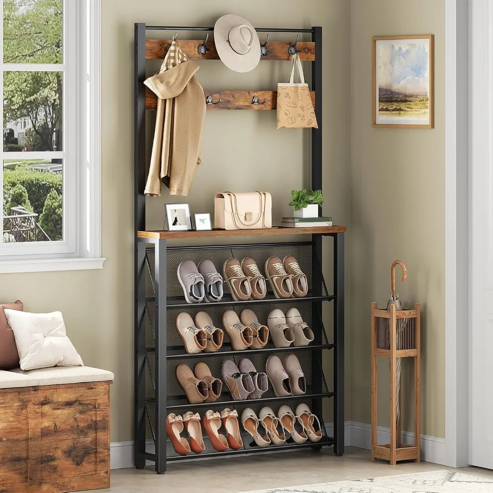 

Hall Tree with Bench, Narrow Shoe Rack with Coat Rack, Coat Rack with Shoe Storage, 5 Tier Slanted Shoe Storage Organizer