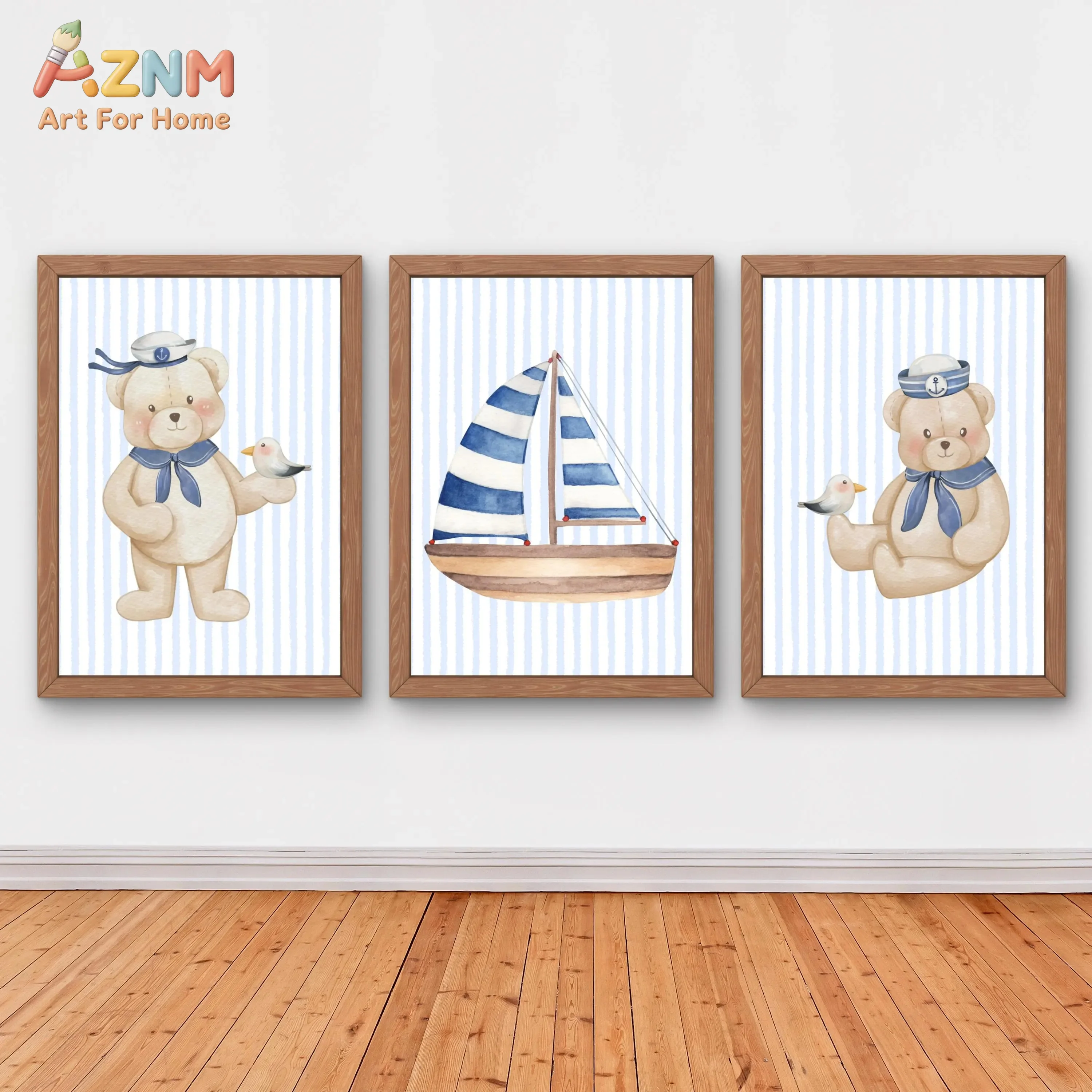 AZNM 3Pcs Nautical Sailor Bear Canvas Wall Art, Blue Striped Sailboat Watercolor Print Frameless Canvas Painting,
